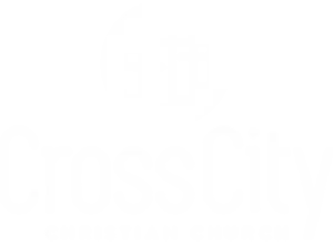 White logo for CrossCity Christian Church on a light gray background. The design features abstract cross shapes in a circular arrangement above the church name in bold letters.