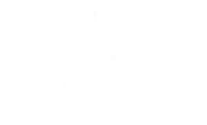 White background with the word FIVE in large, light gray capital letters. The number 5 is handwritten in a white, brushstroke style above the word, blending slightly with the background.